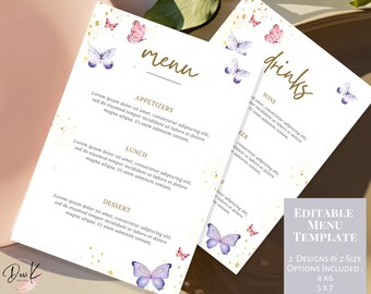 Editable Butterfly Menu Template, Drink menu, Baby Shower, Bridal Shower, Birthday, Pink Purple Gold, Brunch Lunch Dinner Menu Printable