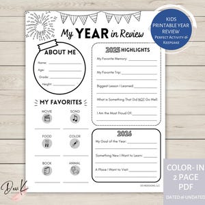 Kids Year in Review 2025 2026 Printable Activity Sheet, Undated, Kid Printable Reflection Page, Kids New Year Coloring Activity, Keepsake