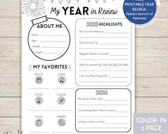 Kids Year in Review 2025 2026 Printable Activity Sheet, Undated, Kid Printable Reflection Page, Kids New Year Coloring Activity, Keepsake