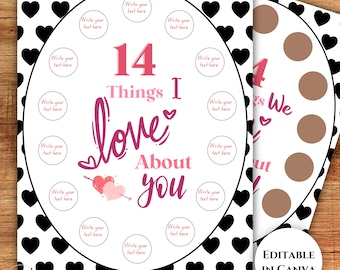 14 Days of Love Printable Scratch Off, Editable, Valentine's Day Gift, 14 Things I or We Love About You, Love Notes, Gift for Her, Kids, Him