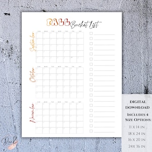 Könnte beinhalten: Druckbarer Herbst-Eimerliste mit drei Kalenderseiten für September, Oktober und November. Die Kalenderseiten haben Kästchen für jeden Tag des Monats und eine Checkliste auf der rechten Seite der Seite. Der Druck ist in vier Größen erhältlich: 11 x 14 Zoll, 18 x 24 Zoll, 16 x 20 Zoll und 24 x 36 Zoll.