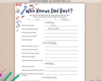 Juego imprimible "¿Quién conoce mejor a papá?", juego para el Día del Padre, cuestionario "Todo sobre papá", actividad para fiestas familiares, recuerdo de descarga instantánea.