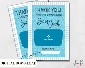 Swim Coach Appreciation Gift Card Holder, Swim Instructor Gift, Wonderful Coach, Digital Download, Thank You Card, Printable