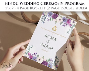 May include: A 5" x 7" four-page booklet for a Hindu wedding ceremony program. The cover features a watercolor floral design with purple, white, and green flowers. The text on the cover reads "Welcome to the Hindu Wedding Ceremony of Roma & Akash August 2023".