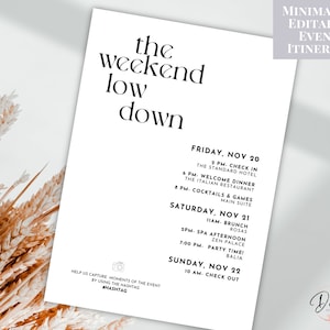 Op de afbeelding: Een minimalistische, wit-zwarte, printbare routebeschrijving voor een weekendje weg. De routebeschrijving bevat een lijst met activiteiten voor vrijdag, zaterdag en zondag, waaronder inchecken, dineren, brunchen, spa en uitchecken. De tekst bevat de hashtag #HASHTAG.