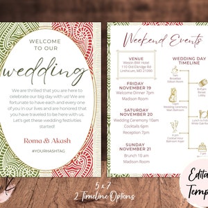 Pode incluir: Um modelo de convite de casamento com um padrão paisley vermelho e verde. O texto diz "Bem-vindos ao nosso casamento" e inclui os nomes Roma & Akash. O convite também inclui um cronograma de eventos de fim de semana com detalhes para um jantar de boas-vindas, uma cerimônia de casamento, coquetéis, uma recepção e um brunch.