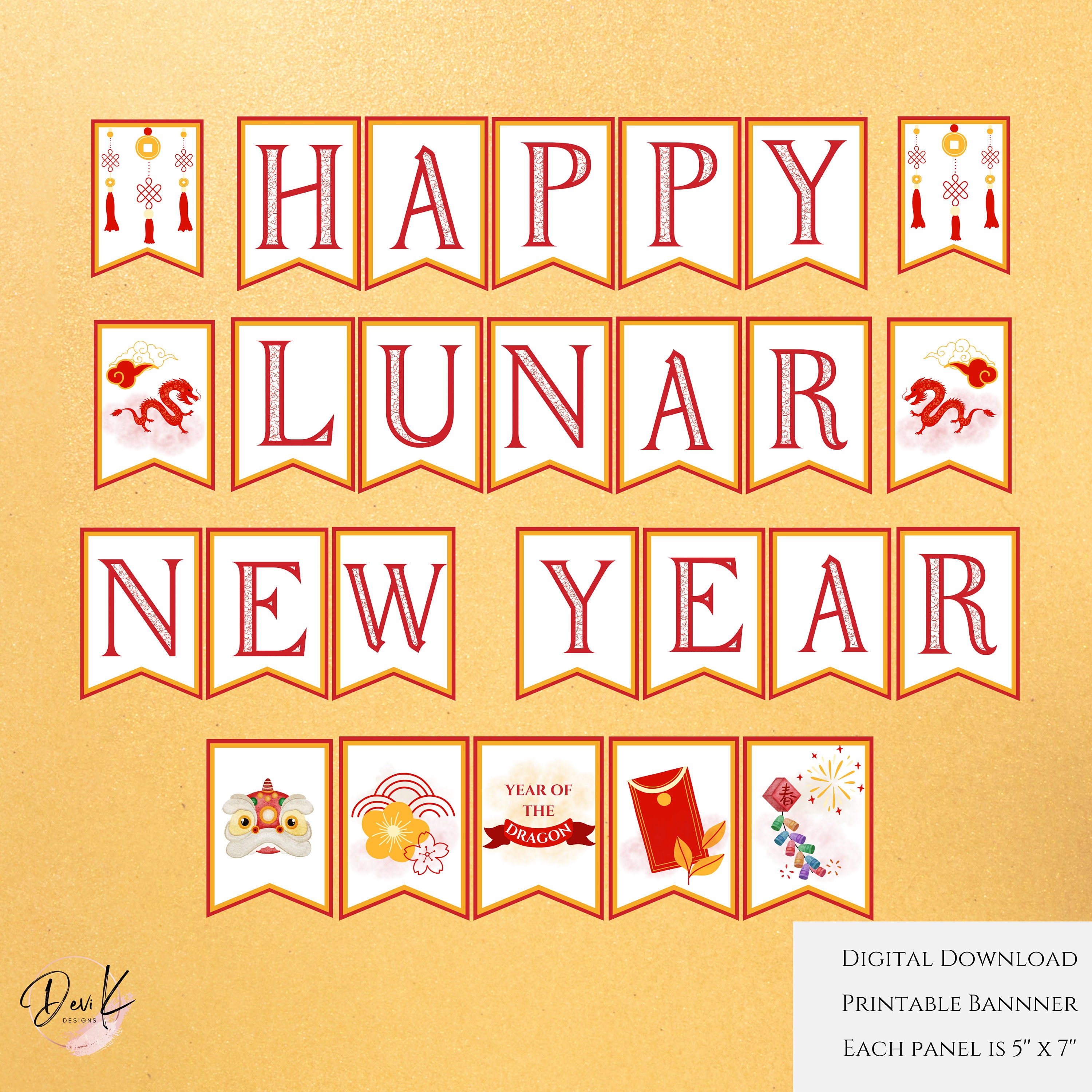 Happy Lunar New Year 2025 Printable Banner, Jahr des Drachen, Chinesisches Neujahrsparty Banner, Wimpelkette für Happy New Year PDF