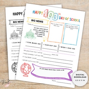 100th Day of School Worksheet Activity Printable, 100 Days of School, 100th Day Activity for Kids, School, Homeschool, Color BW