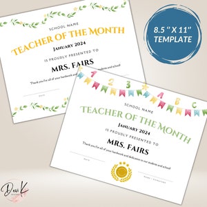 Teacher of the Month Award Certificate, Editable Template, Teacher ...