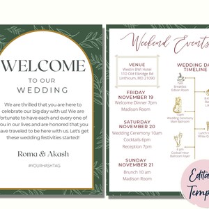 Può includere: Un modello di invito di nozze verde e oro con un messaggio di benvenuto, dettagli del matrimonio e una sequenza temporale degli eventi. Il testo include i nomi Roma & Akash, la data del matrimonio e la sede, Westin BWI Hotel. Il modello è modificabile.