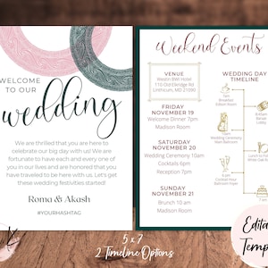 Editable Ornate Ring Wedding Itinerary, Event Timeline Instant Download, Elegant Hindu Wedding Schedule, Green & Pink Ring Shape
