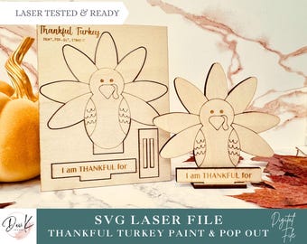 Thankful Turkey SVG Laser File, Pop Out Laser Cut SVG File, DIY Thanksgiving Craft, Kids Crafts Laser Files, Glowforge, xTool