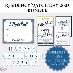 PAQUETE del Día de la Residencia Match 2025 Letreros &quot;I MATCHED&quot; Etiquetas de vino Banner Imprimible Decoración para fiesta virtual del Día de la Residencia Match