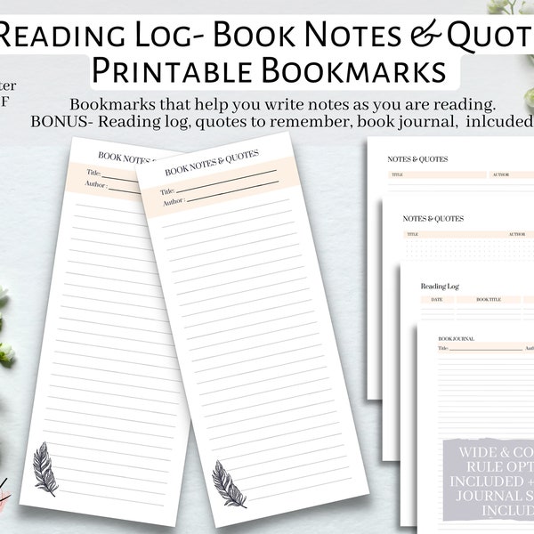 Book Notes & Quotes Printable Bookmarks, Reading Log Bookmark, Note Taking Bookmarks, Reading Journal, Things to Remember, Printable, Letter