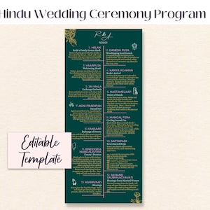 Programa editable de ceremonia de boda hindú, ceremonia de boda india, infografía hindú, floral