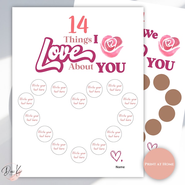 14 Days of Love Printable Scratch Off, Valentine's Day Gift, 14 Things I or We Love About You, Love Notes, Gift for Her, Gift for Kids