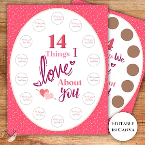 14 giorni d'amore stampabile da grattare, modificabile, regalo di San Valentino, 14 cose che io o noi amiamo di te, note d'amore, regalo per lei, bambini, lui