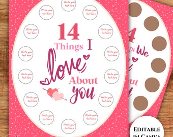 14 Days of Love Printable Scratch Off, Editable, Valentine's Day Gift, 14 Things I or We Love About You, Love Notes, Gift for Her, Kids, Him