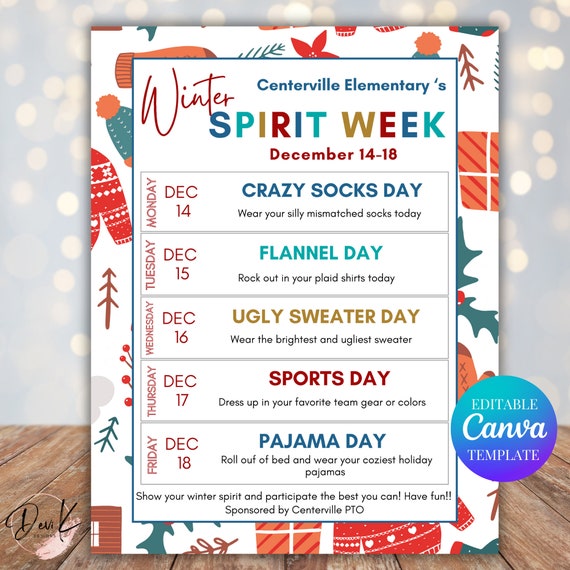 Winter Spirit Week Flyer Template, Editable, Printable, Holiday Themed  Spirit Week, Office Spirit Week, PTO Flyer, Daycare Spirit Week - Etsy  Canada