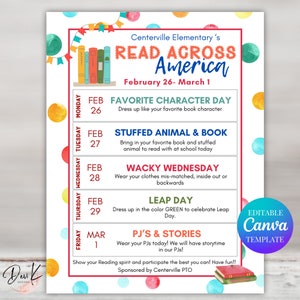Lesen Sie die Across the US Spirit Week Flyer Vorlage, bearbeitbar, Lese thematische Spirit Week, Elementary Spirit Week, PTO Flyer, Daykite Spirit Week