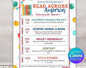 Read Across the US Spirit Week Flyer Template, Editable, Reading Themed Spirit Week, Elementary Spirit Week, PTO Flyer, Daycare Spirit Week