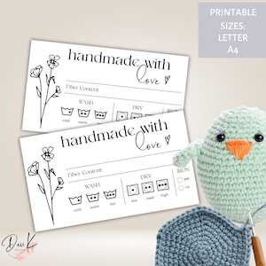 Handmade with Love Pflegeanleitungen Druckbare Karten, Crochet Printable Tags, Häkeln Pflegekarten, Waschanleitung, Knit Crochet Care