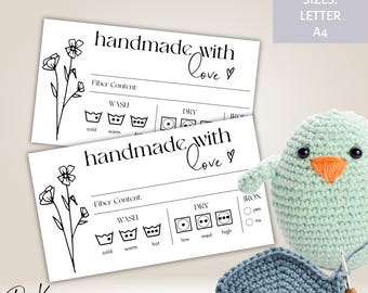 Handmade with Love Care Instructions Printable Cards, Crochet Printable Tags, Crochet Care Cards, Washing instructions, Knit Crochet Care