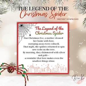 May include: A festive Christmas-themed image featuring a decorative spider and a framed poem. The text reads "The Legend of the Christmas Spider." The spider is red and green with a silver body. The poem is in a red frame.