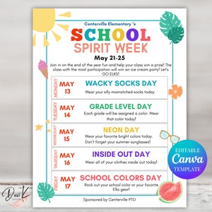 Summer Spirit Week Flyer Template, Editable, Printable, Summer Themed Spirit Week, Camp, PTO Flyer, Daycare School Spirit Week Planner