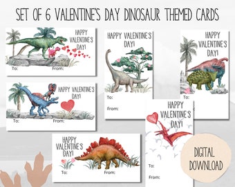 Printable Dinosaur Kid's Valentines Day Cards, Toddler Valentines, Set of 6, Kindergarten Classroom Valentines, Instant Download