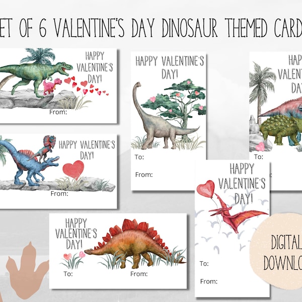 Printable Dinosaur Kid's Valentines Day Cards, Toddler Valentines, Set of 6, Kindergarten Classroom Valentines, Instant Download