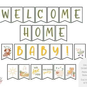 May include: Welcome Home Baby! Printable banner with green and yellow pennants. Each panel features a different design, including a sun, a rocking chair, a baby carriage, a lamb, and a dog with blocks. The text on the banner reads "Welcome Home Baby!" Each panel is 5 inches by 7 inches.