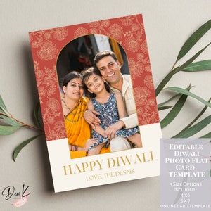 Happy Diwali Floral Rot Foto Grußkarte Vorlage, Deepavali, Familienfoto, Digitale Vorlage, Online Grußkarte, Foto Andenken