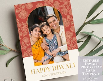 Happy Diwali Floral Red Photo Greeting Card Template, Deepavali, Family Photo, Digital Template, Online Greeting Card, Photo Keepsake