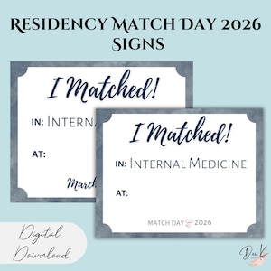 Residency Match Day Signs 2026 bewerkbare sjabloon "I MATCHED" afdrukbare Virtual Match Day Party Decor