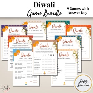 May include: A set of nine printable Diwali game cards with colorful floral borders and text that says "Diwali Game Bundle" and "9 Games with Answer Key". The games include "Scavenger Hunt", "Find the Guest Bingo", "Think Fast Game", "Scattergories Game", "Finish the Phrase", "Gratitude A-Z", "This or That", "Word Scramble", and "New Year Resolutions".
