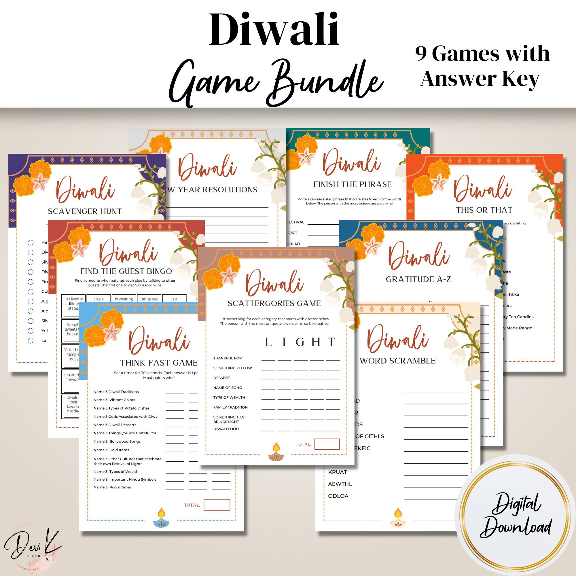 Printable Diwali Game Bundle, Deepavali Party, Party Games, Diwali Dinner, Family Game Night, Bingo Game, Scavenger Hunt, Instant Download