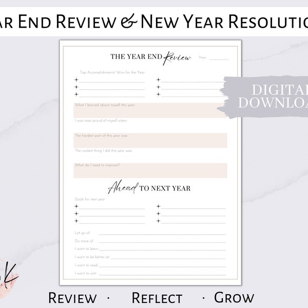 2023 2024 New Years Resolution Planner, Year End Review Printable, Year Reflection, Self-Reflection Guide, A4, US Letter, A5