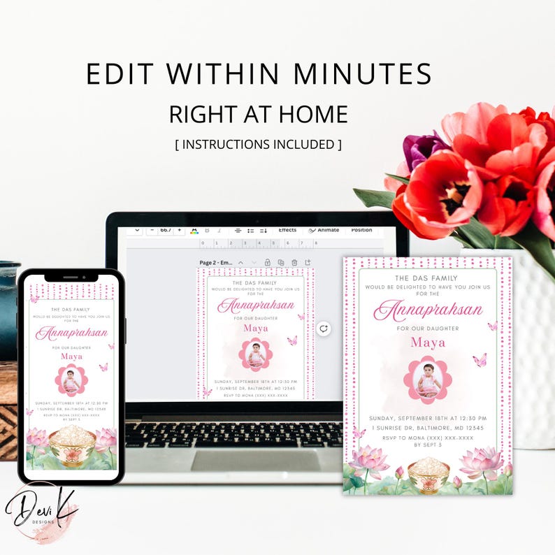First Rice Ceremony Invitation Template | Pink Butterfly Lotus ...