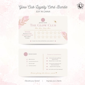 Op de afbeelding: Een Glow Club klantenkaart sjabloon met een zachtroze en crèmekleurig palet met gouden botanische accenten. De voorzijde toont sterpictogrammen voor het bijhouden van beloningen, terwijl de achterzijde contactvelden en voorwaarden bevat.