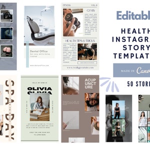 K&ouml;nnte beinhalten: Ein Satz von 50 editierbaren Instagram-Story-Vorlagen f&uuml;r Gesundheits- und Wellness-Unternehmen. Die Vorlagen bieten eine Vielzahl von Designs, darunter einen Wellness-Tag, ein Zahnarztpraxis, Fitnesstipps und Akupunktur. Die Vorlagen werden in Canva erstellt und eignen sich perfekt, um Ihr Unternehmen in den sozialen Medien zu bewerben.