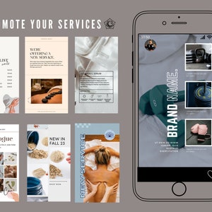 K&ouml;nnte beinhalten: Eine Collage aus Bildern, die verschiedene Dienstleistungen bewerben. Die Bilder zeigen eine Preisliste f&uuml;r Manik&uuml;re und Pedik&uuml;re, eine Spa-Behandlung mit hei&szlig;en Steinen, ein Vitamin-C-Serum, einen Katalog mit Hautpflegeprodukten, ein neues Herbstprodukt, eine neue Dienstleistung mit einer Massage und einen Telefonbildschirm, auf dem eine Fitness-App mit einer Hantel, einer Kettlebell und einer Gewichtsplatte zu sehen ist.