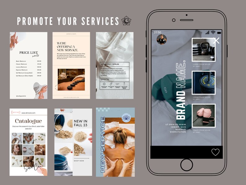 K&ouml;nnte beinhalten: Eine Collage aus Bildern, die verschiedene Dienstleistungen bewerben. Die Bilder zeigen eine Preisliste f&uuml;r Manik&uuml;re und Pedik&uuml;re, eine Spa-Behandlung mit hei&szlig;en Steinen, ein Vitamin-C-Serum, einen Katalog mit Hautpflegeprodukten, ein neues Herbstprodukt, eine neue Dienstleistung mit einer Massage und einen Telefonbildschirm, auf dem eine Fitness-App mit einer Hantel, einer Kettlebell und einer Gewichtsplatte zu sehen ist.