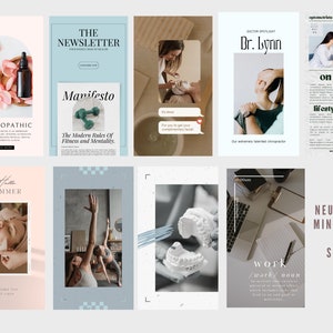 K&ouml;nnte beinhalten: Eine Collage aus neun Bildern, die verschiedene Lifestyle- und Wellness-Themen zeigen. Die Bilder beinhalten eine Flasche &auml;therisches &Ouml;l, ein Fitness- und Mentalit&auml;ts-Manifest, einen Chiropraktiker, einen Blogbeitrag, eine Yoga-Sitzung, eine Zahnform, einen Arbeitsplatz und ein neutrales Farbschema.