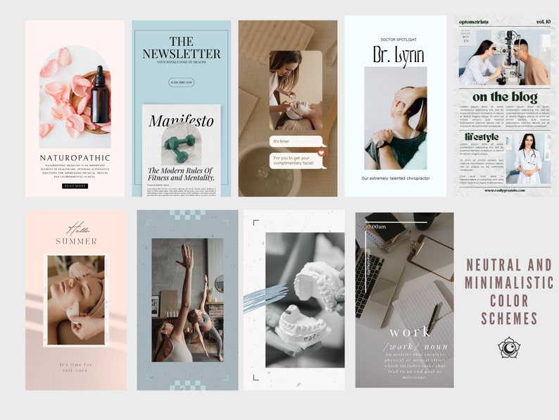 K&ouml;nnte beinhalten: Eine Collage aus neun Bildern, die verschiedene Lifestyle- und Wellness-Themen zeigen. Die Bilder beinhalten eine Flasche &auml;therisches &Ouml;l, ein Fitness- und Mentalit&auml;ts-Manifest, einen Chiropraktiker, einen Blogbeitrag, eine Yoga-Sitzung, eine Zahnform, einen Arbeitsplatz und ein neutrales Farbschema.