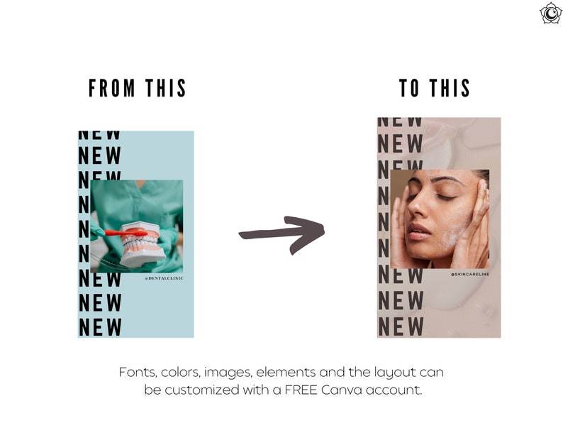 K&ouml;nnte beinhalten: Ein Vorher-Nachher-Bild, das den Unterschied zwischen einer Werbung f&uuml;r eine Zahnklinik und einer Werbung f&uuml;r Hautpflege zeigt. Beide Anzeigen zeigen das Wort &bdquo;NEU&ldquo; mehrmals in schwarzer Schrift auf hellblauem und hellbraunem Hintergrund. Die Anzeige f&uuml;r die Zahnklinik zeigt eine Nahaufnahme einer Hand, die eine Zahnb&uuml;rste und ein Zahnmodell h&auml;lt. Die Anzeige f&uuml;r Hautpflege zeigt eine Nahaufnahme eines Gesichts mit einem wei&szlig;en Schaumreiniger auf der Haut.