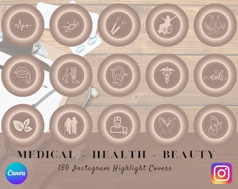 May include: A set of 15 brown circle Instagram highlight covers with white line drawings of medical, health, and beauty icons. The icons include a heart rate, DNA, makeup brushes, a person in a wheelchair, a bottle of lotion, lips with a syringe, legs with a brace, a heart with a stethoscope, a caduceus, the word "nails", a leaf, two people walking with a cane, a dentist, two hands holding each other, and a foot with a nail file.