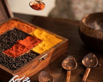 Juego de 6 cucharas masala de cáscara de coco Thenga para recipientes pequeños / Hechas a mano y ecológicas / para té, café, azúcar y especias