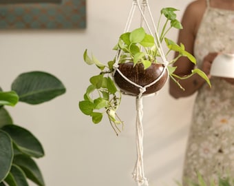 Thenga Maceta colgante de cáscara de coco para plantas pequeñas y suculentas (Maceta de coco + Colgador de macramé)