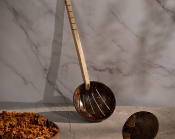 Juego de cocina Thenga de cáscara de coco (2 piezas: cuchara para freír y cucharón antiadherente)